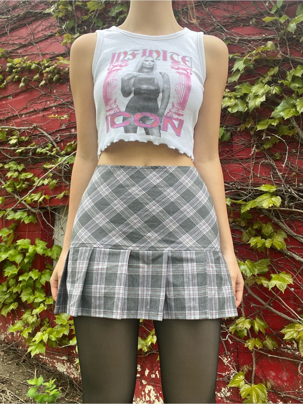 Tracy Evans Gray Plaid Pleated Mini Skirt with Pink Accents